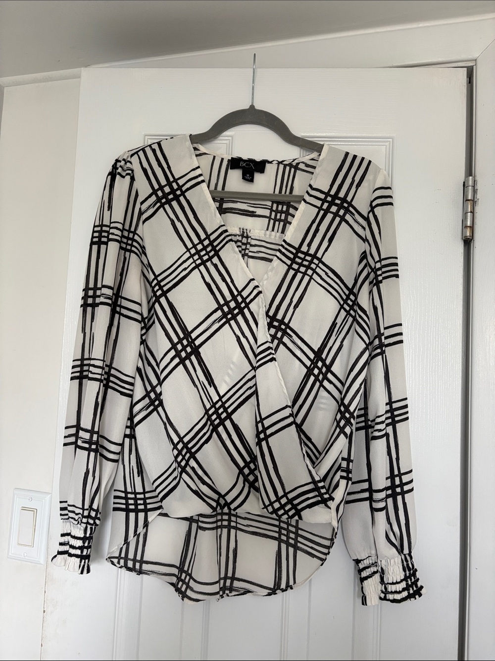 BCX White and Black Plaid Wrap-Front Blouse